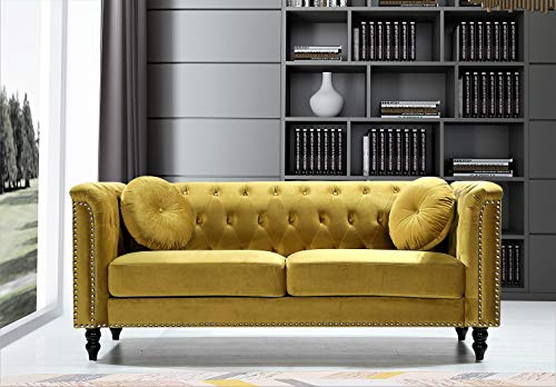 US Pride Furniture Modern Style High Density Foam 75.98'' Wide Golden Velvet Rolled Arm Chesterfield Living Room Removable Cushion & Solid Wood Legs (S5608-5613) Sofas, Strong Yellow