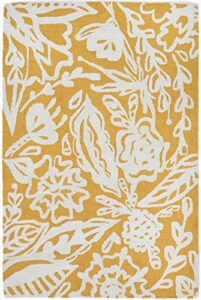 fab habitat hand hooked area rug - stain resistant, plush/soft underfoot, wool-like texture - premium recycled polyester yarn - abstract floral - kitchen, bathroom - glamis - mustard yellow - 2 x 3 ft