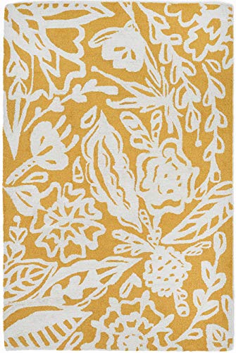 Fab Habitat Hand Hooked Area Rug - Stain Resistant, Plush/Soft Underfoot, Wool-Like Texture - Premium Recycled Polyester Yarn - Abstract Floral - Kitchen, Bathroom - Glamis - Mustard Yellow - 2 x 3 ft