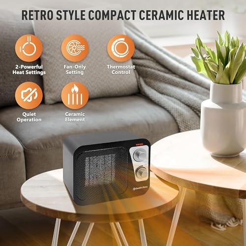 Comfort Zone Electric Retro Design Ceramic Space Heater, Adjustable Thermostat, 2 Heat Settings, Overheat Protection, Safety Tip-Over Switch, Portable for Home, Bedroom & Office Use, 1,500W, CZ470BKB