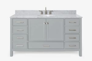 ariel 61" grey bathroom vanity with italian carrara marble countertop & backsplash, center oval sink, 2 soft closing doors, 9 full extension dovetail drawers, brushed nickel