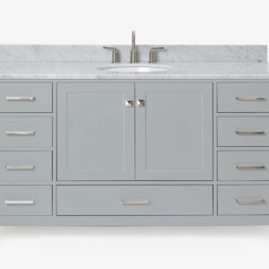 ARIEL 61" Grey Bathroom Vanity with Italian Carrara Marble Countertop & Backsplash, Center Oval Sink, 2 Soft Closing Doors, 9 Full Extension Dovetail Drawers, Brushed Nickel