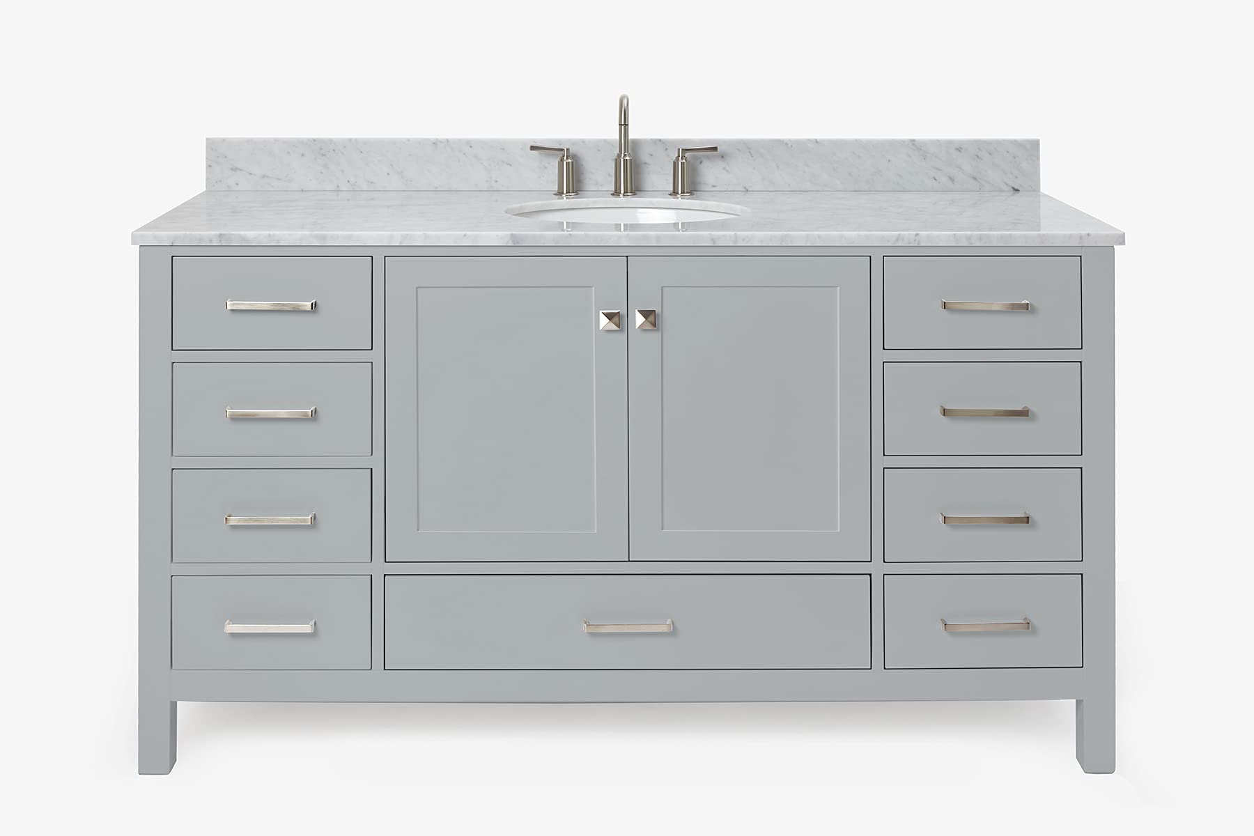 ARIEL 61" Grey Bathroom Vanity with Italian Carrara Marble Countertop & Backsplash, Center Oval Sink, 2 Soft Closing Doors, 9 Full Extension Dovetail Drawers, Brushed Nickel