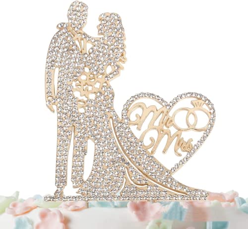 Mr and Mrs Cake Topper Rhinestone Metal Love Couple For Wedding/Engagement/Bridal Shower/Anniversary/Birthday Gold