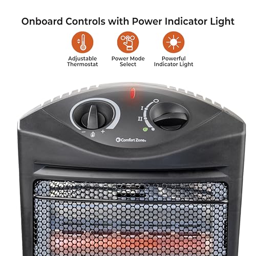 Comfort Zone Electric Quartz Radiant Tower Space Heater with Adjustable Thermostat, Overheat Protection, Energy Efficient, & Tip-Over Switch, Ideal for Home, Bedroom, & Office, 1,500W, CZQTV008EBK