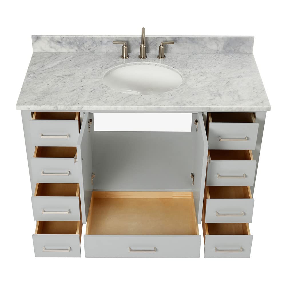 ARIEL 49" Grey Bathroom Vanity with Italian Carrara Marble Countertop & Backsplash, Center Oval Sink, 2 Soft Closing Doors, 9 Full Extension Dovetail Drawers, Brushed Nickel