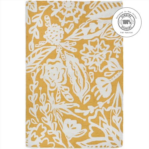 Fab Habitat Hand Hooked Area Rug - Stain Resistant, Plush/Soft Underfoot, Wool-Like Texture - Premium Recycled Polyester Yarn - Abstract Floral - Kitchen, Bathroom - Glamis - Mustard Yellow - 2 x 3 ft