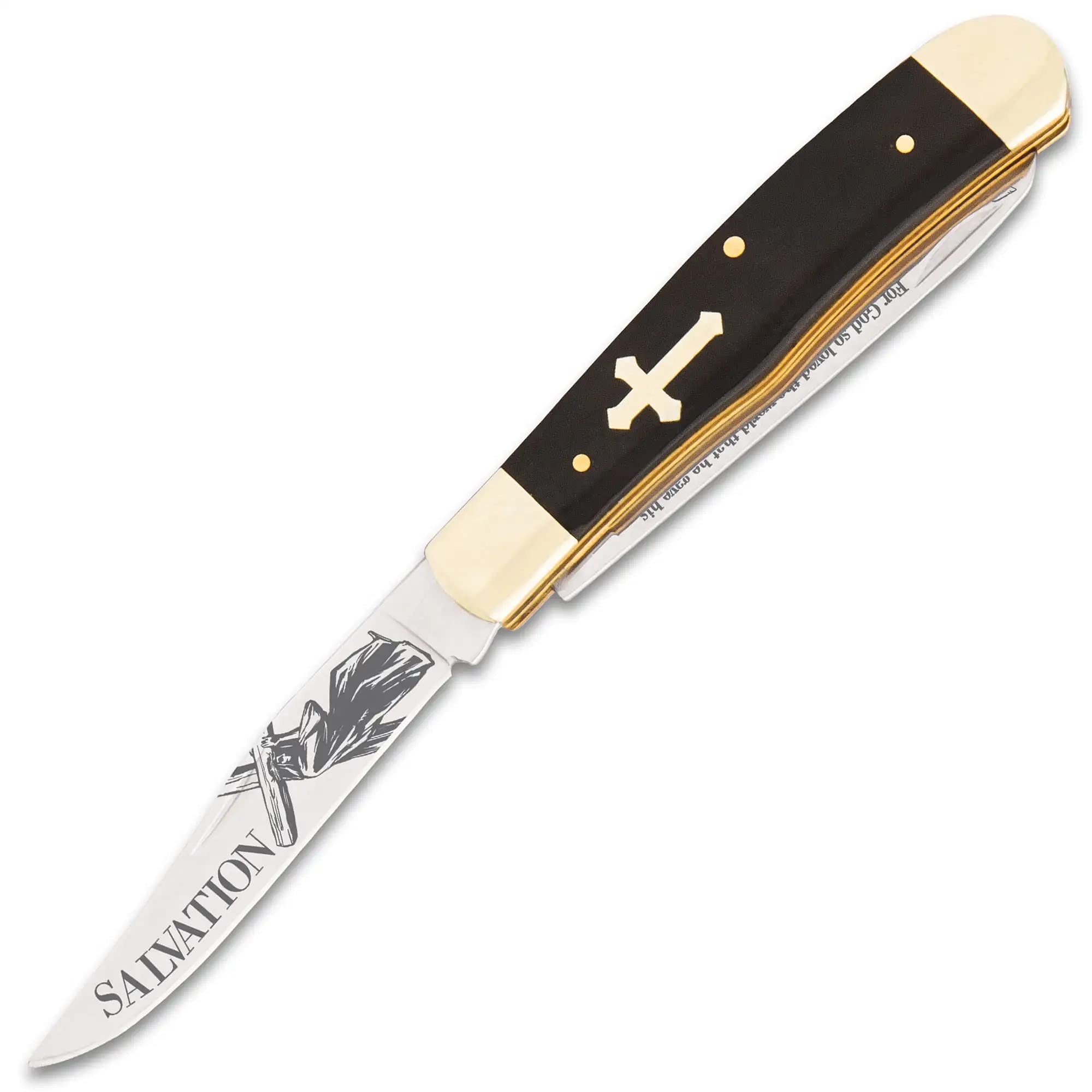 BUDK Salvation Trapper Pocket Knife – Dual Stainless Steel Blades, Laser Etched Artwork, Black Buffalo Horn Handle, Cross Inlay – Christian Gift Ideas - 4” Closed