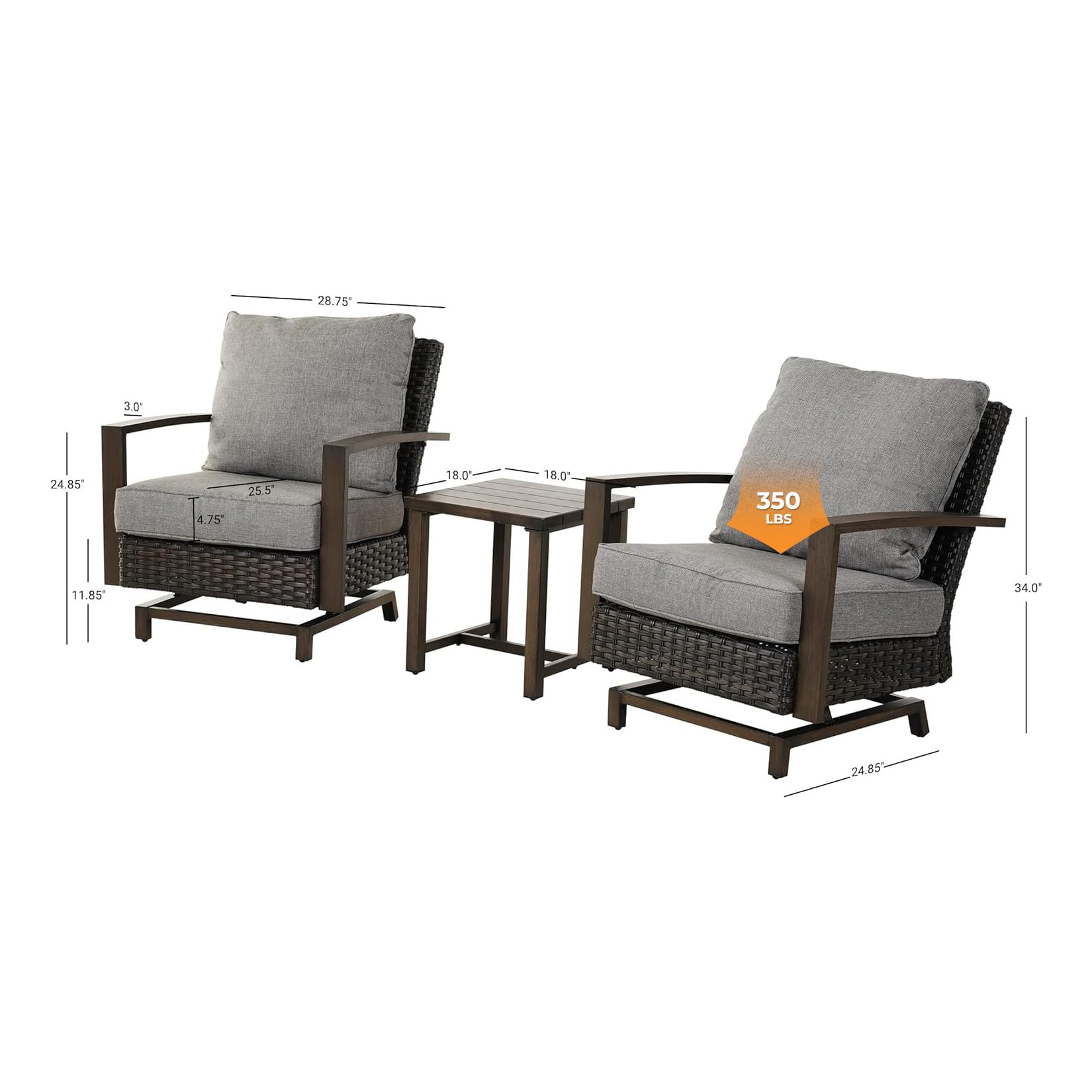 Grand patio Outdoor 3-Piece Aluminum Conversation Furniture Sofa Set Wicker Stationary Rockers with Wood Grain Finish and Coffee Table, Removable Olefin Cushion Dark Brown