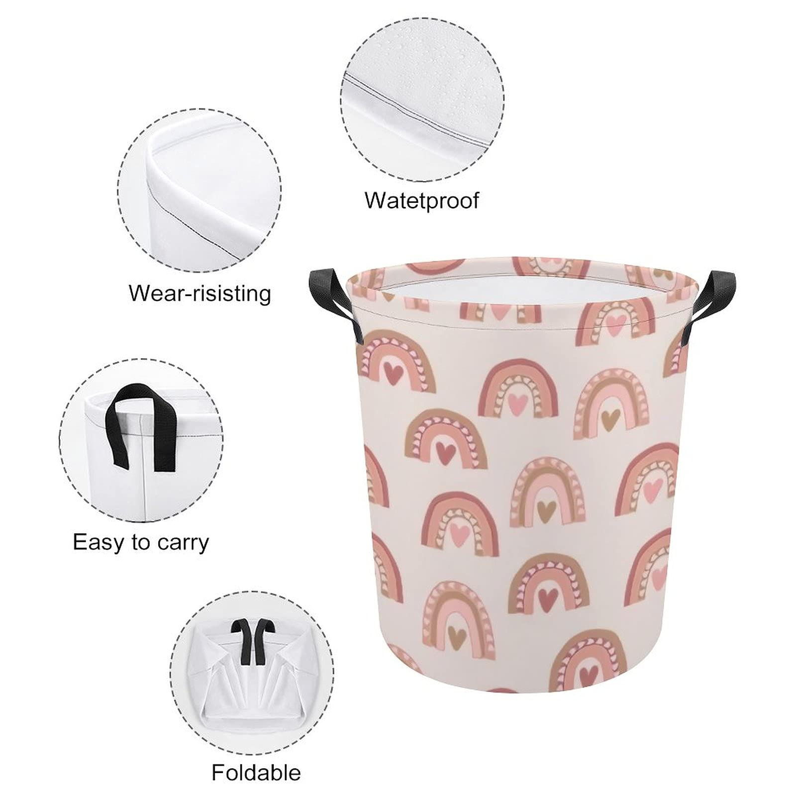 Hearts And Rainbows Laundry Basket, Collapsible Dirty Clothes Hamper With Handle, Suitable of Bedroom, Bathroom, Dormitory, farmhouse, Toy Basket