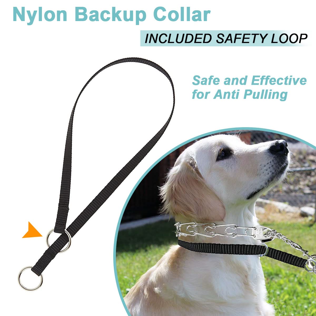 Mayerzon Backup Collar, Double Ended Clip and Carabiner for Prong Collar, Pinch Collar and Dog Harness, Safety Use for Walking and Training (L, Black)