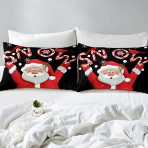 Cartoon Christmas Bedding Set Queen Size,Red Cute Santa Claus Duvet Cover Set for Children Present, Sweet Candies Black Comforter Cover with 2 Pillowcases Polyester Bedspread