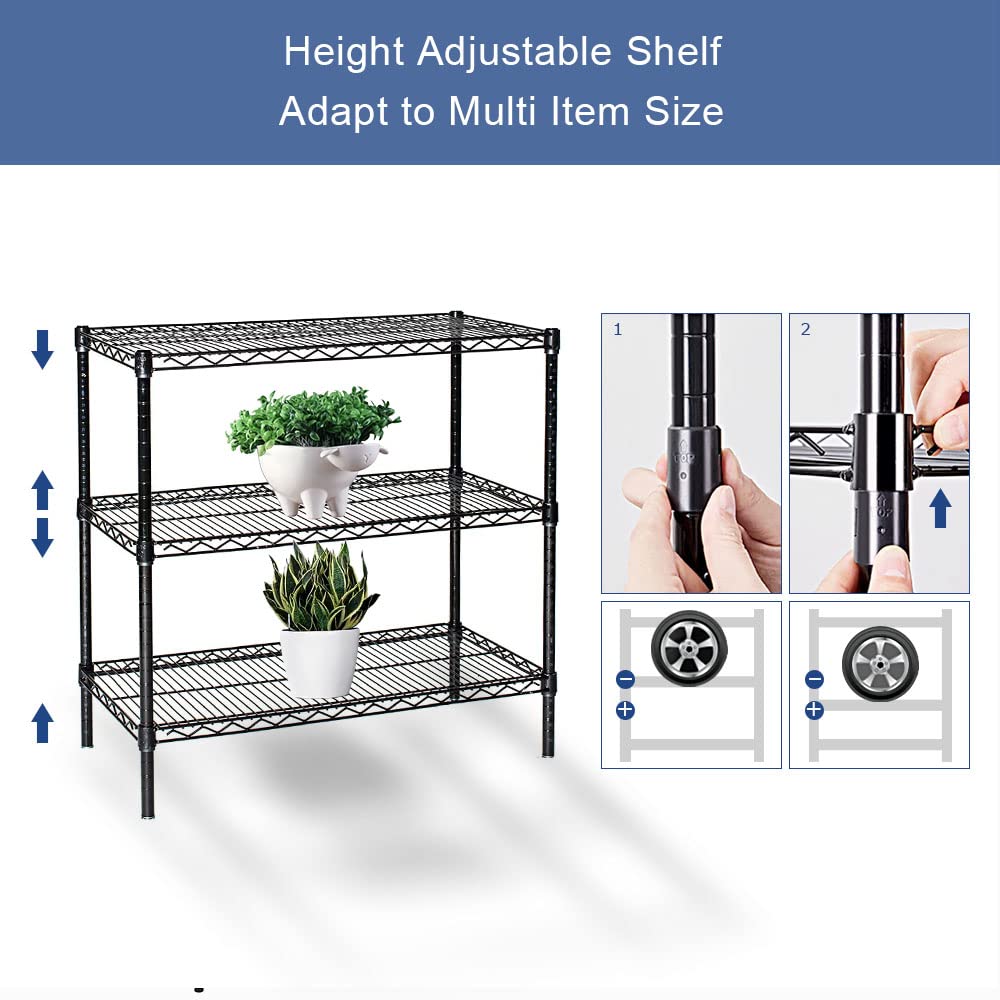 3 Tier Wire Shelving Unit, Adjustable Wire Rack, Metal Storage Shelves for Kitchen, Pantry, Laundry, Bathroom, Closet (13.5" D x 23" W x 31.5" H, Black)