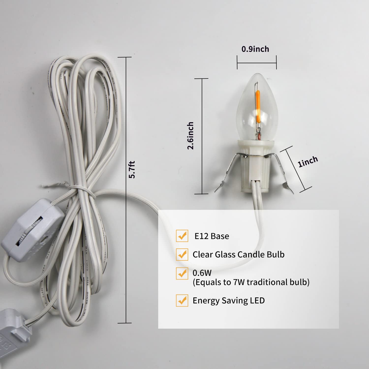 MYEMITTING Set of 2 Accessory Cord with 2 C7 Led Light Bulb 6Ft Light IndoorString Lights, Candelabra-Base E12 Socket C7 Lamp for Halloween and Christmas Decorations, Craft Village House Decoration