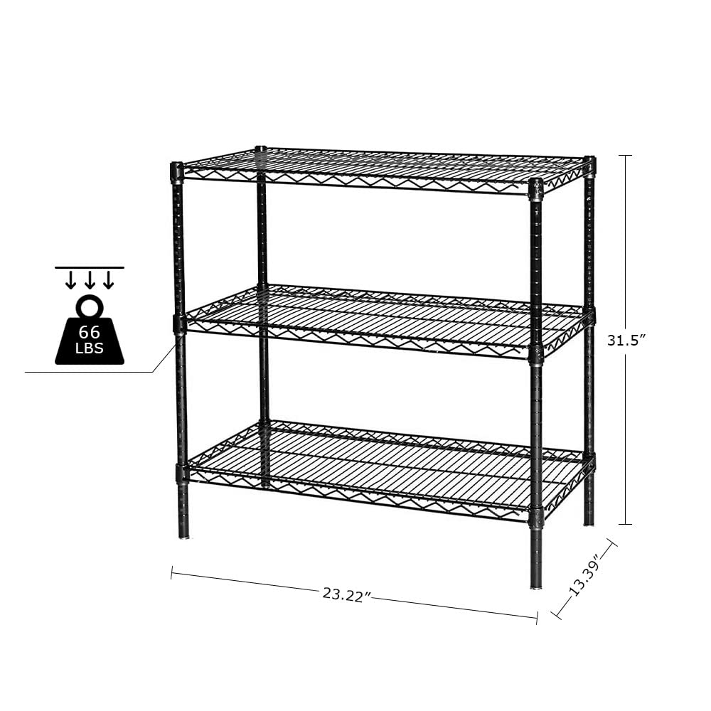 3 Tier Wire Shelving Unit, Adjustable Wire Rack, Metal Storage Shelves for Kitchen, Pantry, Laundry, Bathroom, Closet (13.5" D x 23" W x 31.5" H, Black)