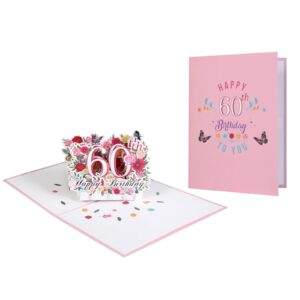 HOMANGA 60th Birthday Pop Up Card, Happy 60th Birthday Card for Her, Women, Wife, 60th Birthday Gift for Sister, Mom, Friend, Pop Up Birthday Greeting Card with Blank Note and Envelope, 6" x 8"