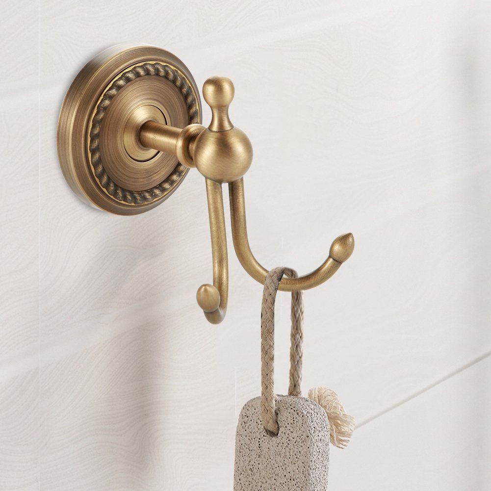 Brass Towel Hooks, Antique Robe Hooks Wall Mounted Double Coat Hook Bathroom Towel Hook Antique Brass Towel Hook for Bathroom, Hotel, Home