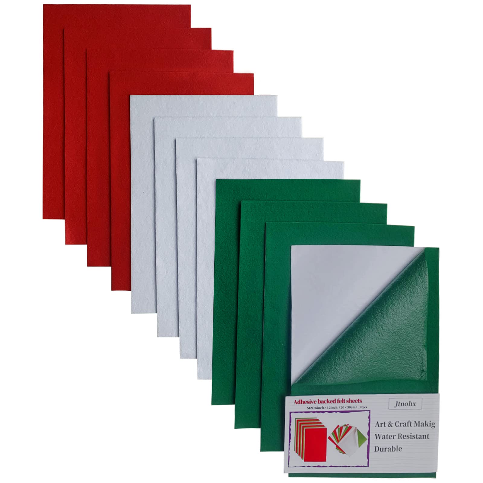 Jtnohx Self Adhesive Felt Sheets, 12 Pieces Soft Felt Sheets with Adhesive Backing, 8x12 Inches Sticky Back Felt Fabric for Craft DIY Supplies Projects (Green/White/red)