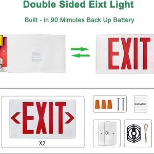 Red Exit Sign with 90 Minutes Battery Backup, Double-Sided Red Fire Safety Emergency Exit Sign Lights, ABS Fire Resistance (UL-Certified 120-277V) (2pack)