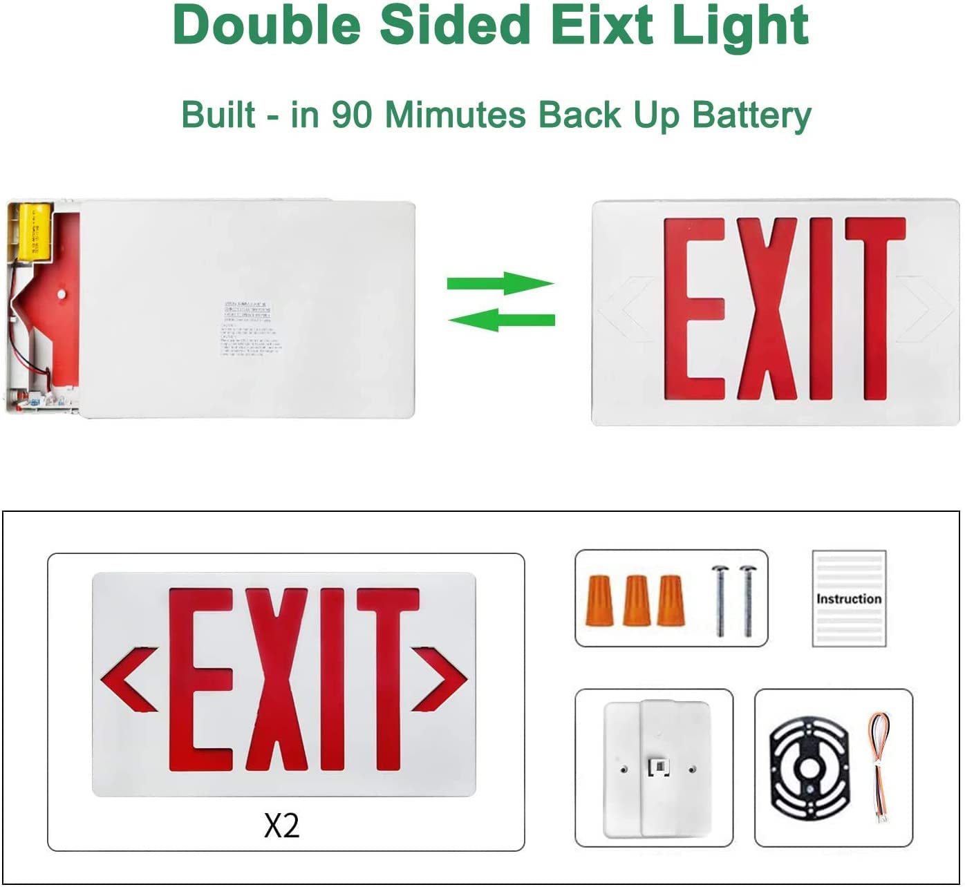 Red Exit Sign with 90 Minutes Battery Backup, Double-Sided Red Fire Safety Emergency Exit Sign Lights, ABS Fire Resistance (UL-Certified 120-277V) (2pack)