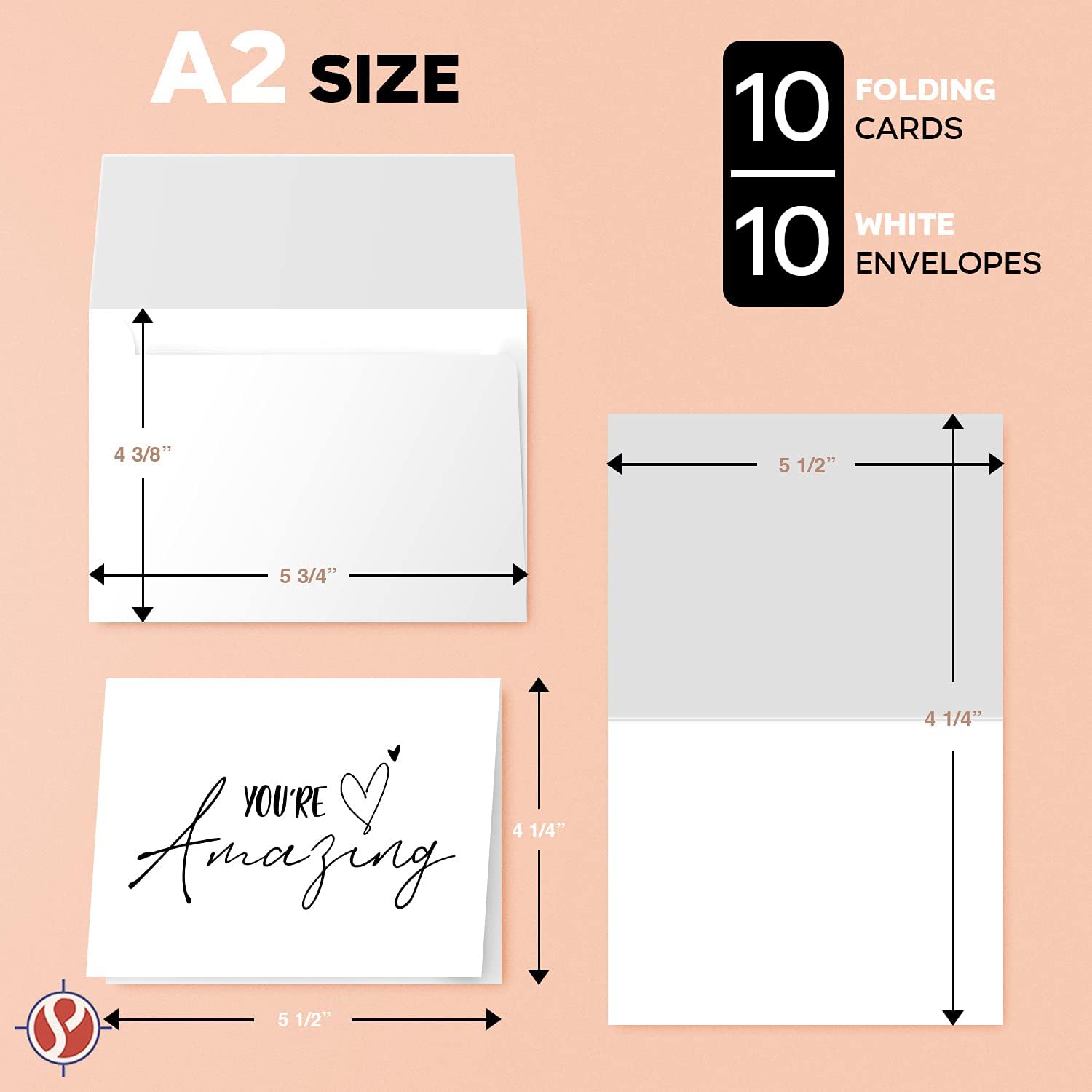 “You’re Amazing” Greeting Cards and Envelopes – Elegant Fold Over Greetings of Appreciation, Encouragement and Thanks for Friends and Family – Blank Inside | 4.25 x 5.5” (A2 Size) | 10 per Pack