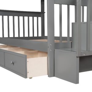 Harper & Bright Designs Twin Over Twin Bunk Beds with Storage Drawers and Stairs Wood Bunk Bed Frame for Kids Boys Girls Teens, Gray