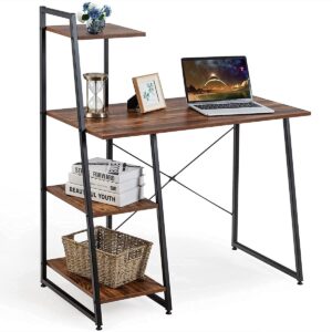 POWERSTONE Storage Gaming Table Wood Home Office Work Writing Student Teacher Desk with Shelves College Supplies Brown