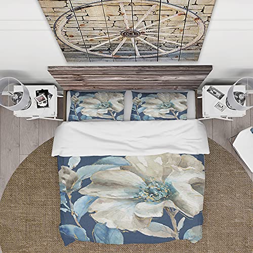 DesignQ Indigold Watercolor Flower I Traditional Duvet Cover Set, Blue Duvet Cover Set King, Floral Bedding Set of 3 Pieces, All Season Traditional Bedding Sets King