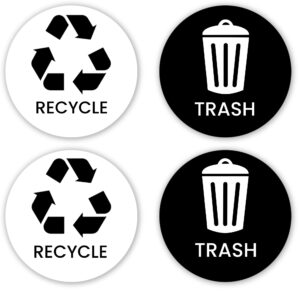 vbap corp recycle trash bin sticker - (pack of 4) 3" round logo sign decal labels self-adhesive vinyl laminated. waterproof indoor and outdoor (black/white)…