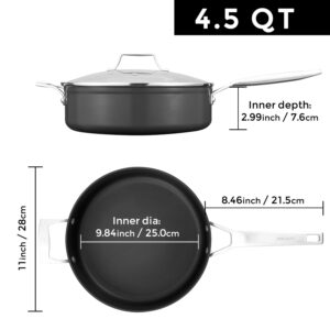 MsMk Nonstick Deep Frying Pan, 4.5 Quart Saute Pan with lid, Stay-Cool Handle, Smooth Bottom, PFAS Free Non-Toxic, Oven safe to 700℉,11 inch, Induction, Ceramic and Gas Cooktops