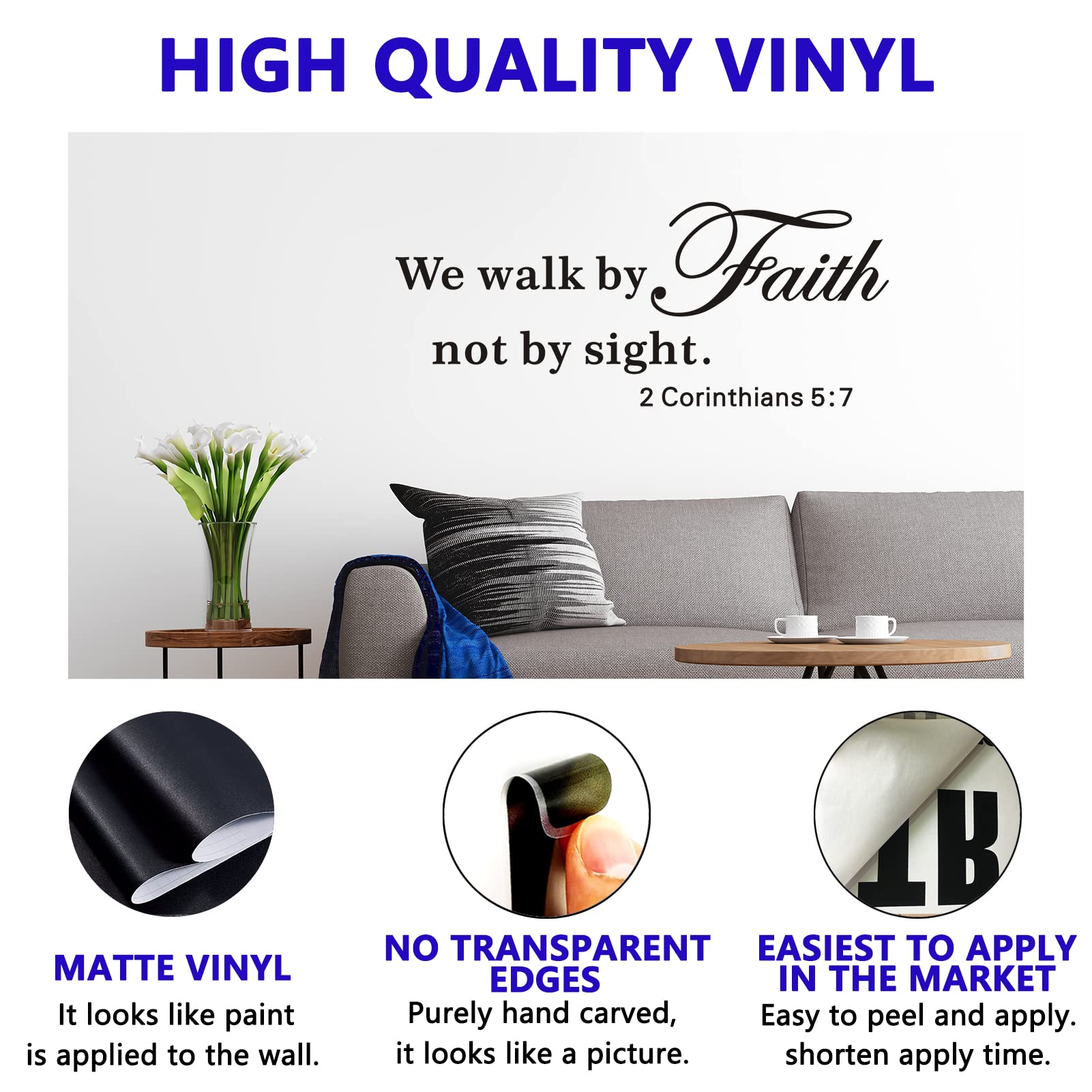 VODOE Wall Decals for Living Room, Bible Verse Wall Decals, Quotes Faith Scripture Biblical Christian Religious Church Phrase Family Home Art Decor Vinyl Stickers We Walk by Faith Not by Sight 23"X9"