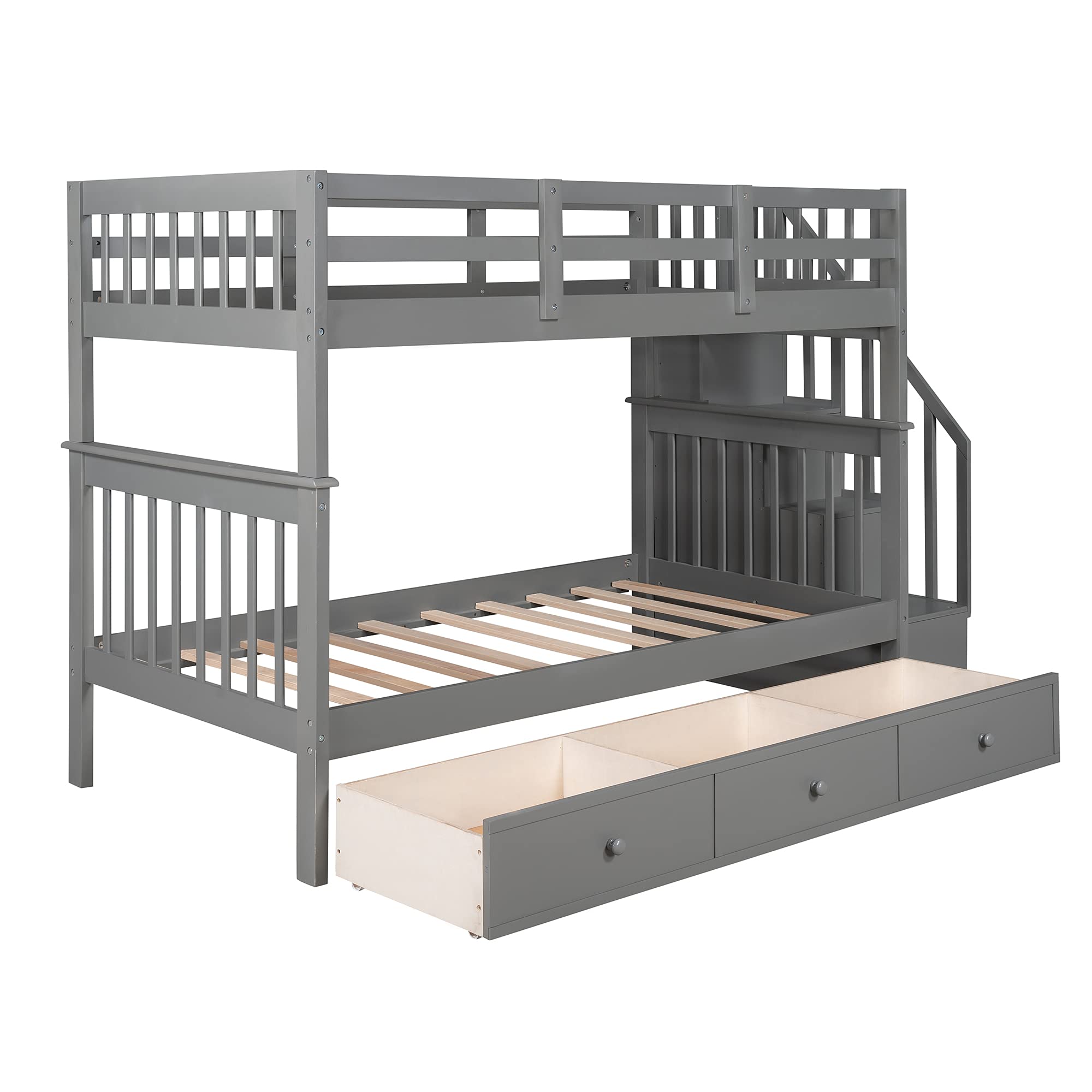 Harper & Bright Designs Twin Over Twin Bunk Beds with Storage Drawers and Stairs Wood Bunk Bed Frame for Kids Boys Girls Teens, Gray