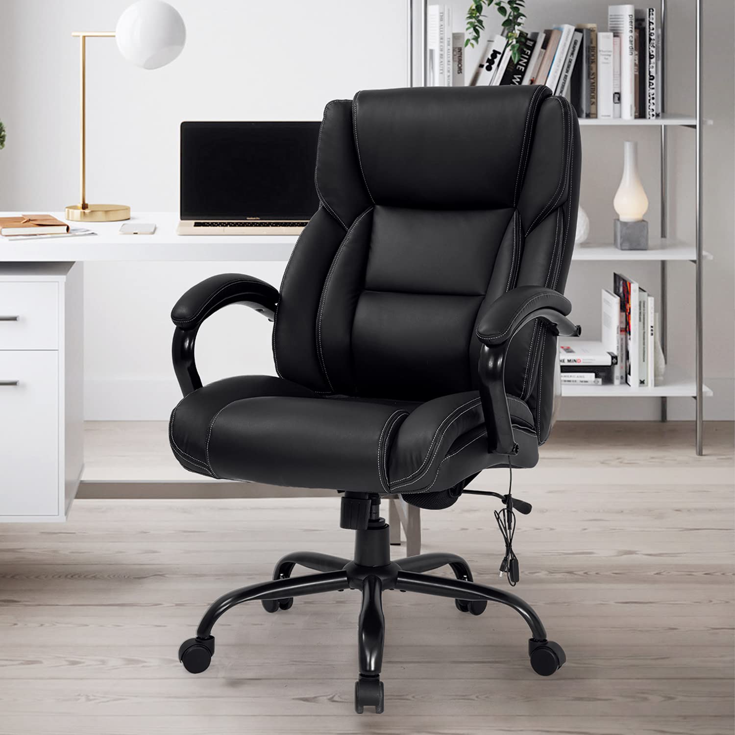 Office Chairs Big and Tall 500lbs Wide Seat for Heavy People Ergonomic Massage PU Leather Executive Chair Adjustable Rolling Swivel Computer Desk Chair with Lumbar Support Headrest Task Chair Black