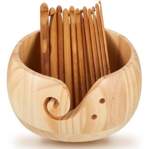 wooden 6 x 6 x 3 inch yarn bowl crocheting bowl round knitting wool storage yarn bowl handmade with holes 12 pieces crochet hooks for crocheting knitting diy crafts tools (natural color)