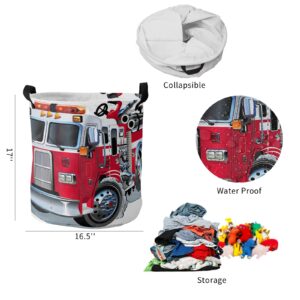 LiDU 17-inch Laundry Hamper Foldable Laundry Basket, Red Fire Truck Waterproof Clothes Hamper for Bathroom Bedroom Living Room, Engine Car Toy Baskets for Dollhouse, Red carLDU8357, 16.5InDx17InH