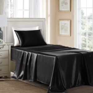 GOLAL Satin Sheets Twin Size - 3 Pieces Luxury Silky Soft Bed Sheets for Kids, Wrinkle-Free Black Satin Silk Sheet Set with 1 Deep Pocket Fitted Sheet, 1 Flat Sheet, 1 Pillow case