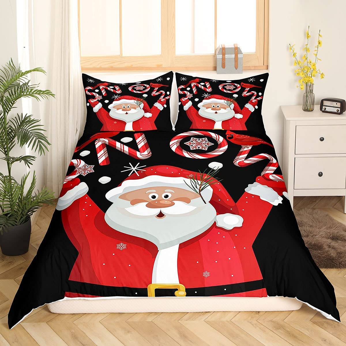 Cartoon Christmas Bedding Set Queen Size,Red Cute Santa Claus Duvet Cover Set for Children Present, Sweet Candies Black Comforter Cover with 2 Pillowcases Polyester Bedspread