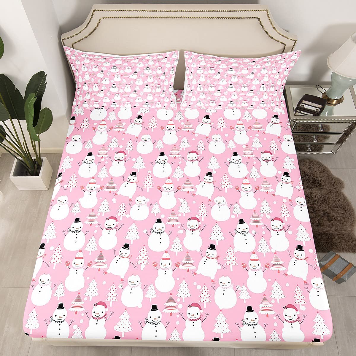 Erosebridal Kawaii Fitted Sheet Full Cute Cartoon Snowman Sheet Set for Kids Child Girls Pastel Pink Merry Christmas Tree Bed Sheets Snowflake Flat Sheet Xmas Decorations