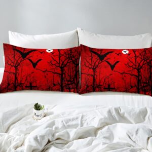 Happy Halloween Comforter Cover Teens Woodland Flying Bats Kids Bedding Set Teen Boys Spooky Night Jungle Duvet Cover Novelty Red Black Decor Quilt Cover Room 3Pcs King Size,Zipper