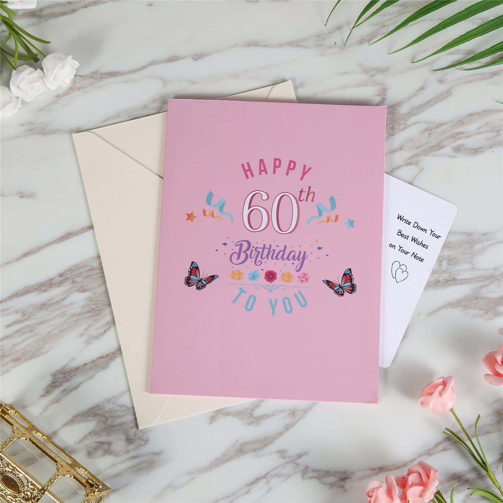 HOMANGA 60th Birthday Pop Up Card, Happy 60th Birthday Card for Her, Women, Wife, 60th Birthday Gift for Sister, Mom, Friend, Pop Up Birthday Greeting Card with Blank Note and Envelope, 6" x 8"