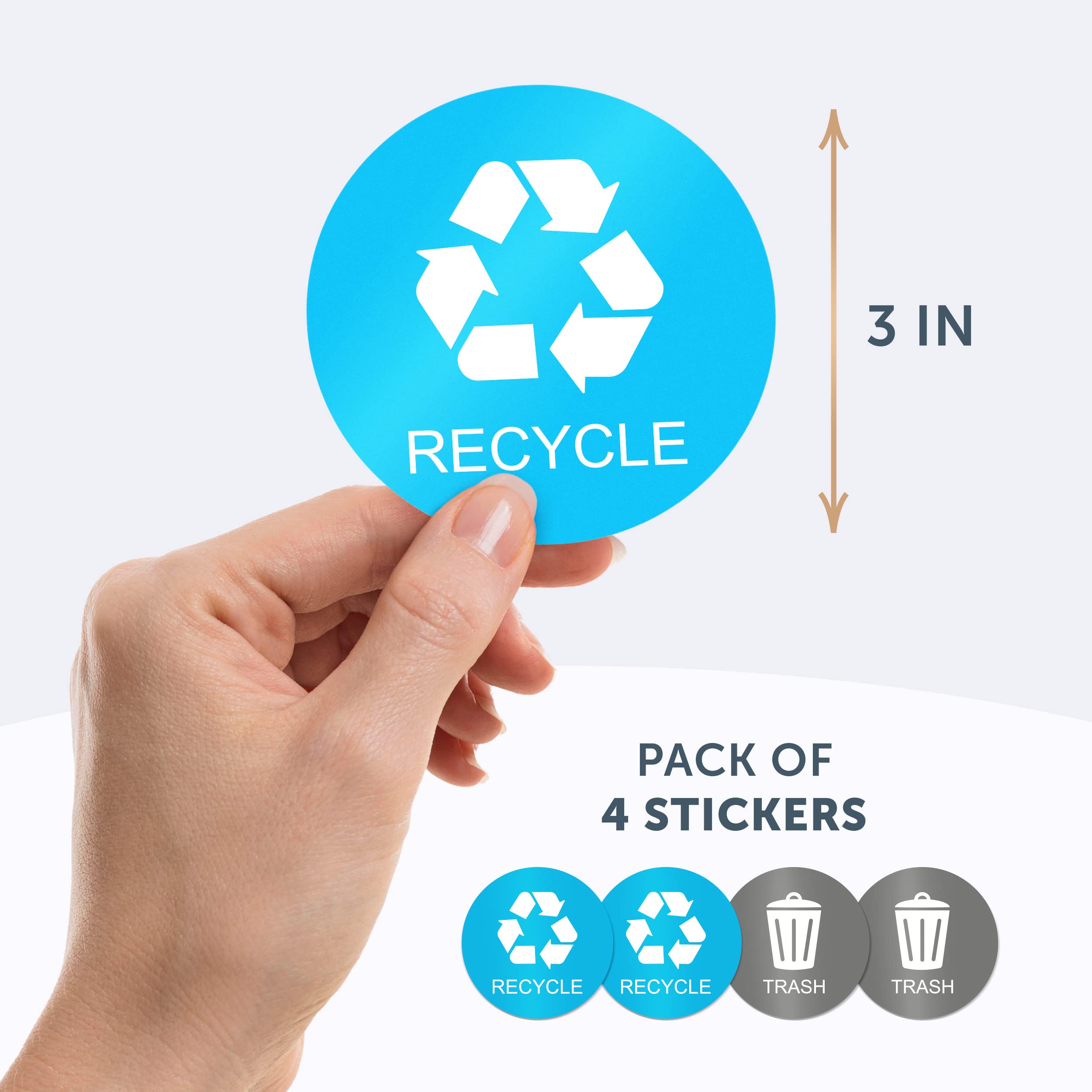 VBAP CORP Recycle Trash Bin Sticker - (Pack of 4) 3" Round Logo Sign Decal Labels Self-Adhesive Vinyl Laminated. Waterproof Indoor and Outdoor (Sky Blue/Gray)…