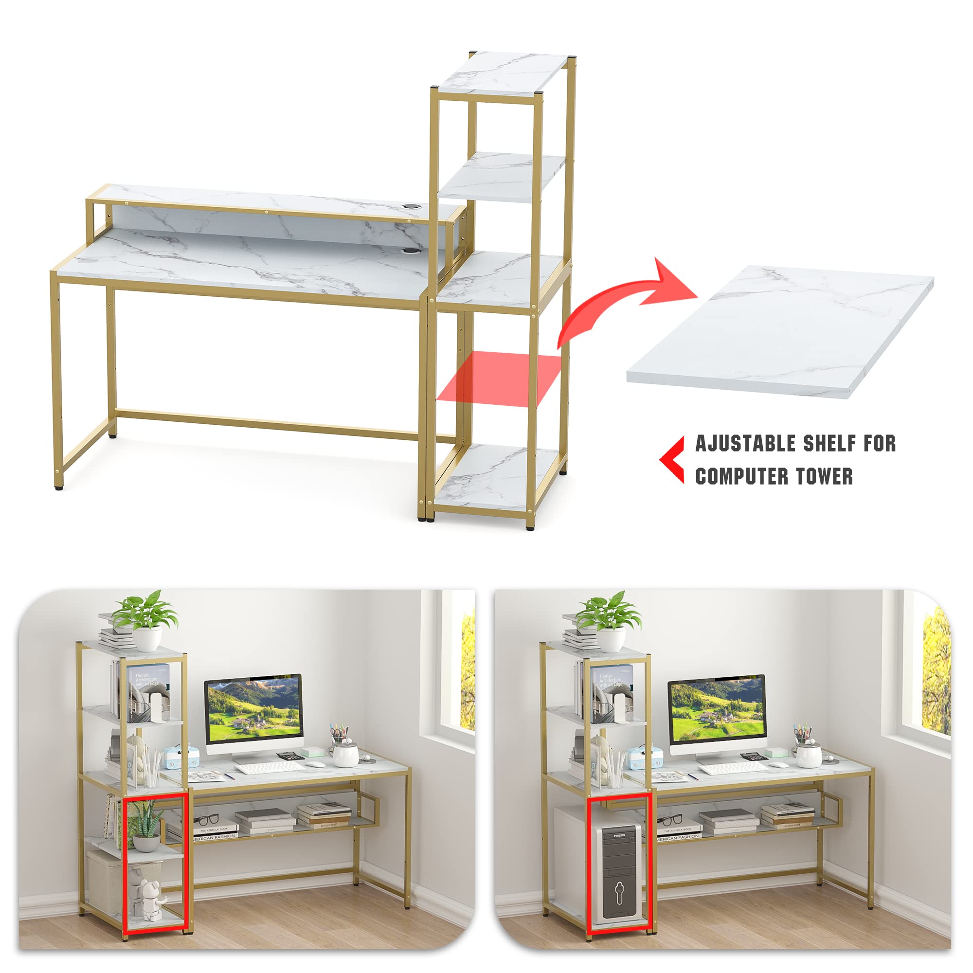 Teraves Computer Desk with 5 Tier Shelves,Reversible Writing Desk with Storage 49 Inch Study Table for Home Office Independent Bookcase and Desk for Multiple Scenes (White Marbling+ Gold Frame)