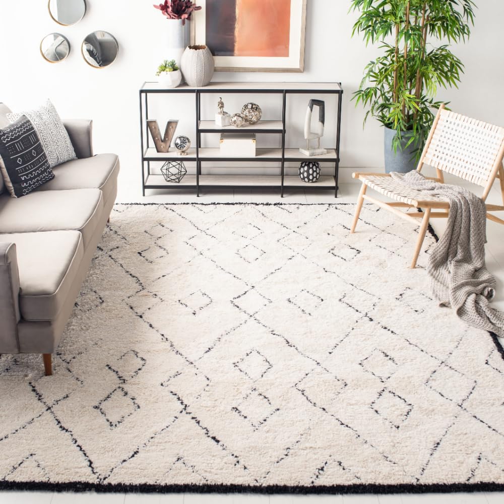 SAFAVIEH Casablanca Collection Area Rug - 9' x 12', Ivory & Black, Handmade Moroccan Boho Wool, Ideal for High Traffic Areas in Living Room, Bedroom (CSB917A)