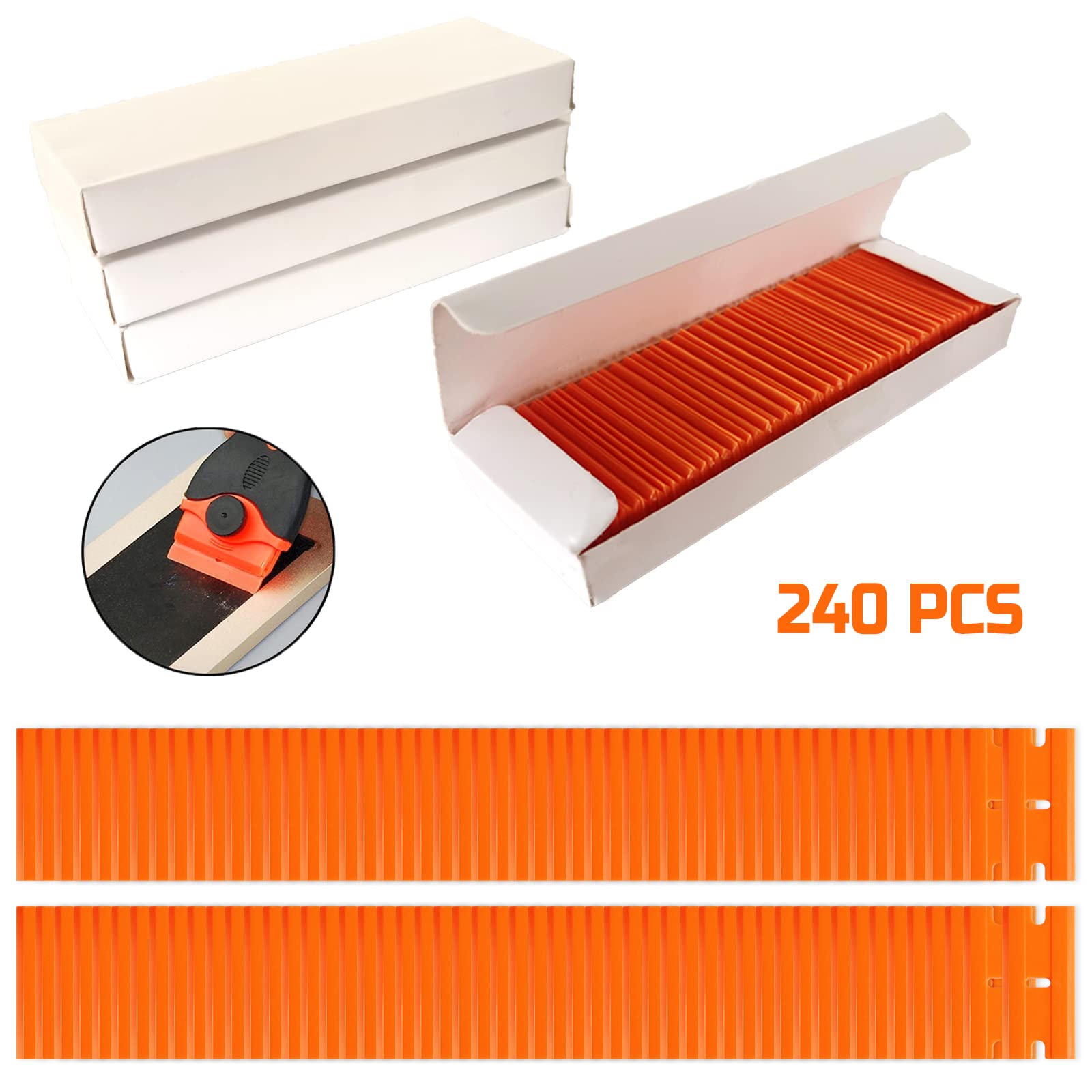 Plastic Razor Blades, 240 PCS Double Edged Plastic Blades, Plastic Scraper Blades for Scraping Labels Stickers Decals Adhesives and Cleaning Glass (Orange)