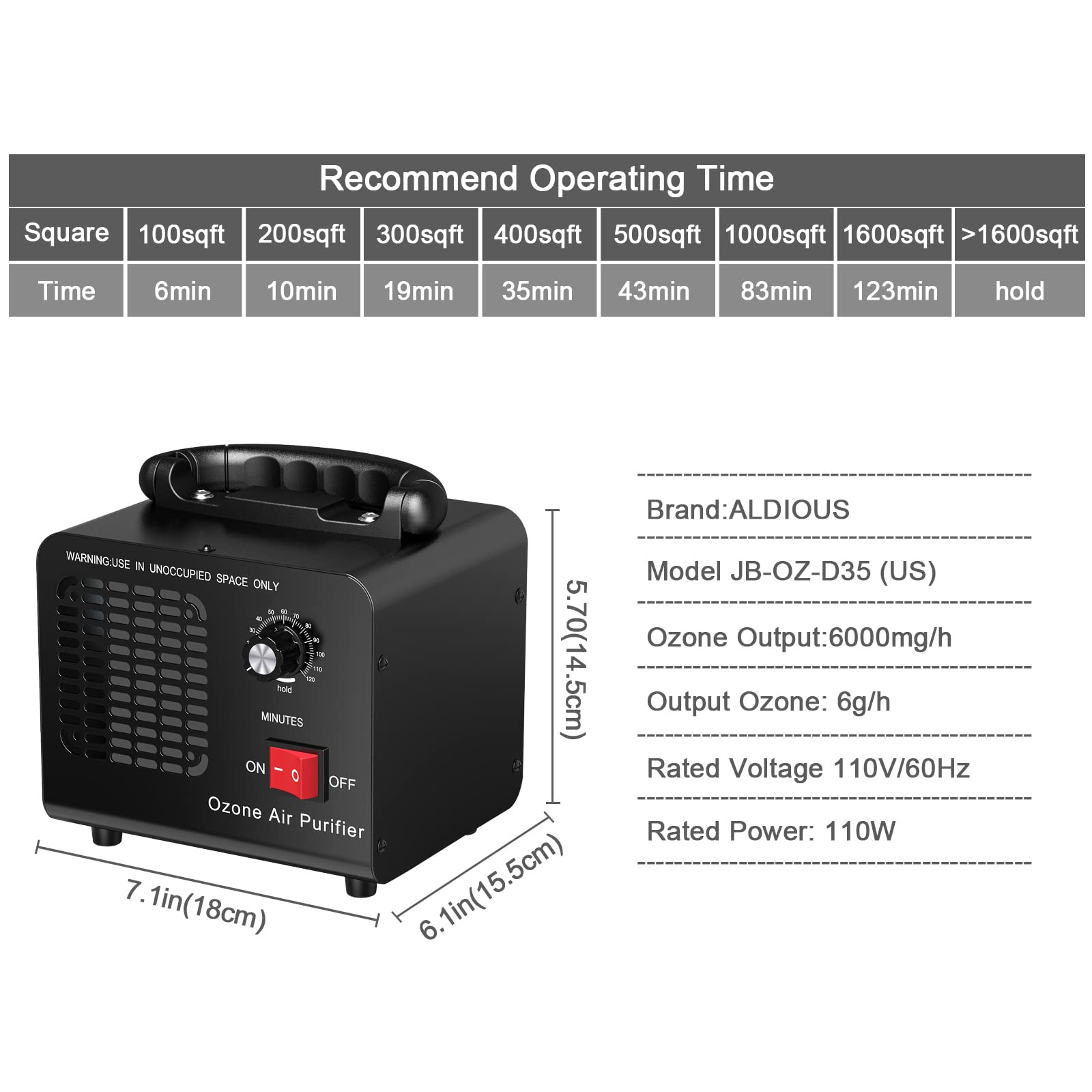 ALDIOUS Ozone Generator, 6000mg/h High Capacity Industrial Ozone Generator, Commercial Ozone Generator, Ozone Machine for Rooms, Smoke, Cars