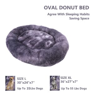 Oval Calming Donut Cuddler Dog Bed,Shag Faux Fur Cat Bed Washable Round Pillow Pet Bed(30"/36"/43") for Small Medium Dogs (L(30"x24"x7"), Grey2021)