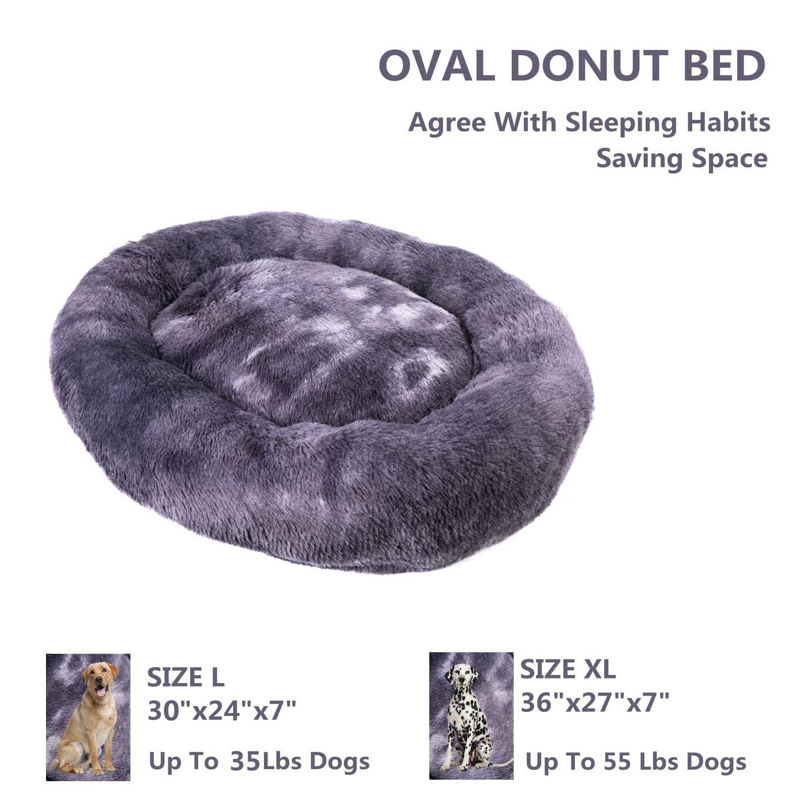 Oval Calming Donut Cuddler Dog Bed,Shag Faux Fur Cat Bed Washable Round Pillow Pet Bed(30"/36"/43") for Small Medium Dogs (L(30"x24"x7"), Grey2021)