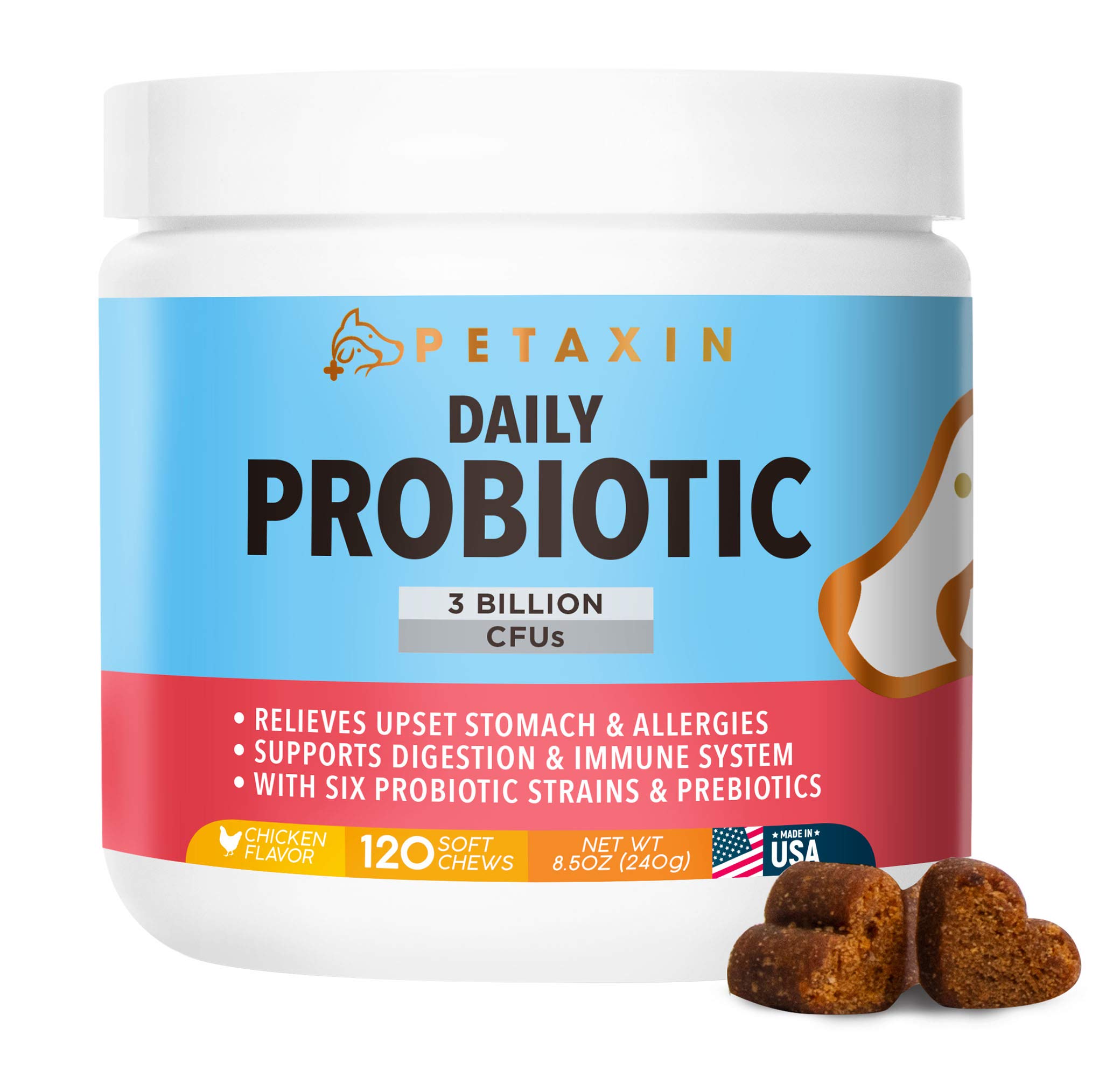 Petaxin Probiotics for Dogs - 6 Strains with Prebiotics - Supports Digestive and Immune System - Relief for Diarrhea, Bad Breath, Allergies, Gas, Constipation, Hot Spots - Made in USA - 120 Chews