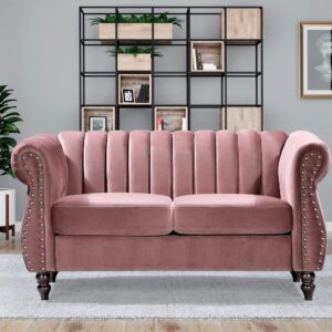 US Pride Furniture Chesterfield Rolled Arm Modern Style Fabric Rose Velvet Soft Living Room Loveseat with Removable Back Cushions & Solid Wood Support (S5644-5649) Sofas