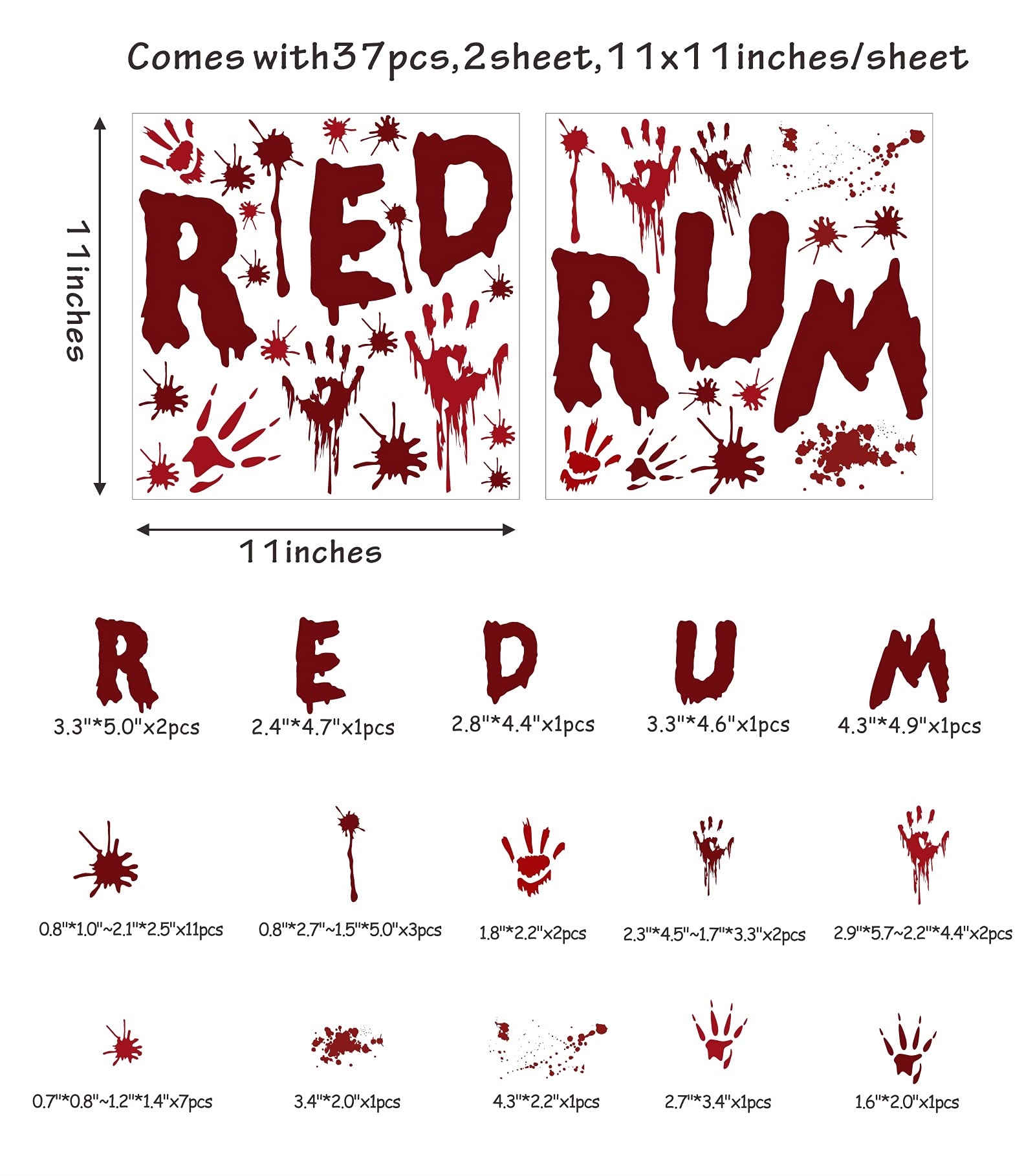 Halloween Redrum Murder Wall Decal Horror Ghost Hand Wall Decals Halloween Blood Splatter Decals Removable Peel and Stick Wall Stickers for Wall Halloween Party Window Decor